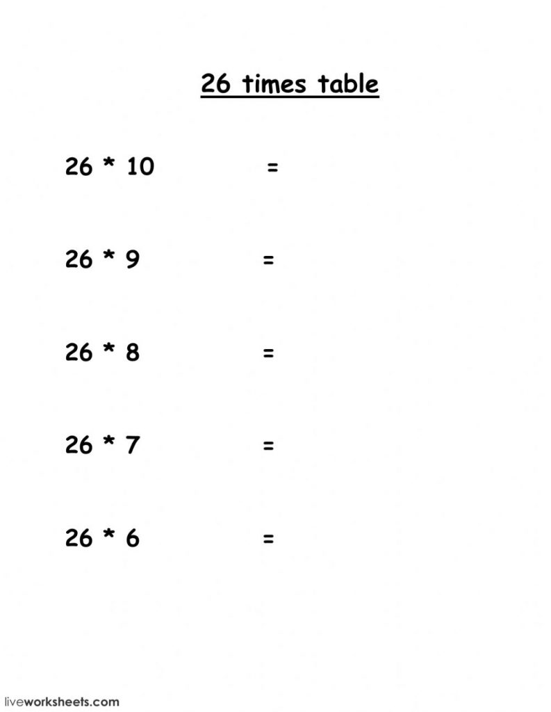 free printable multiplication table of 26 charts