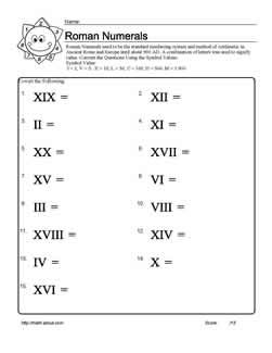 Roman Numerals 1-100 Worksheets PDF