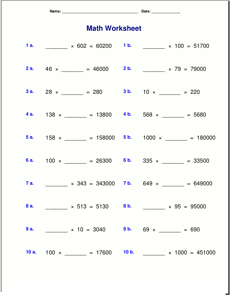 multiply by 10  100  1000  missing factor