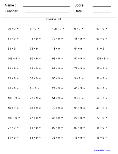 Division Table Worksheet for Kids