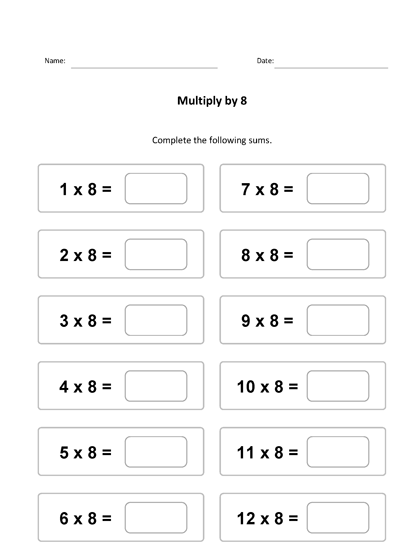 Multiplication Chart 8 Worksheet