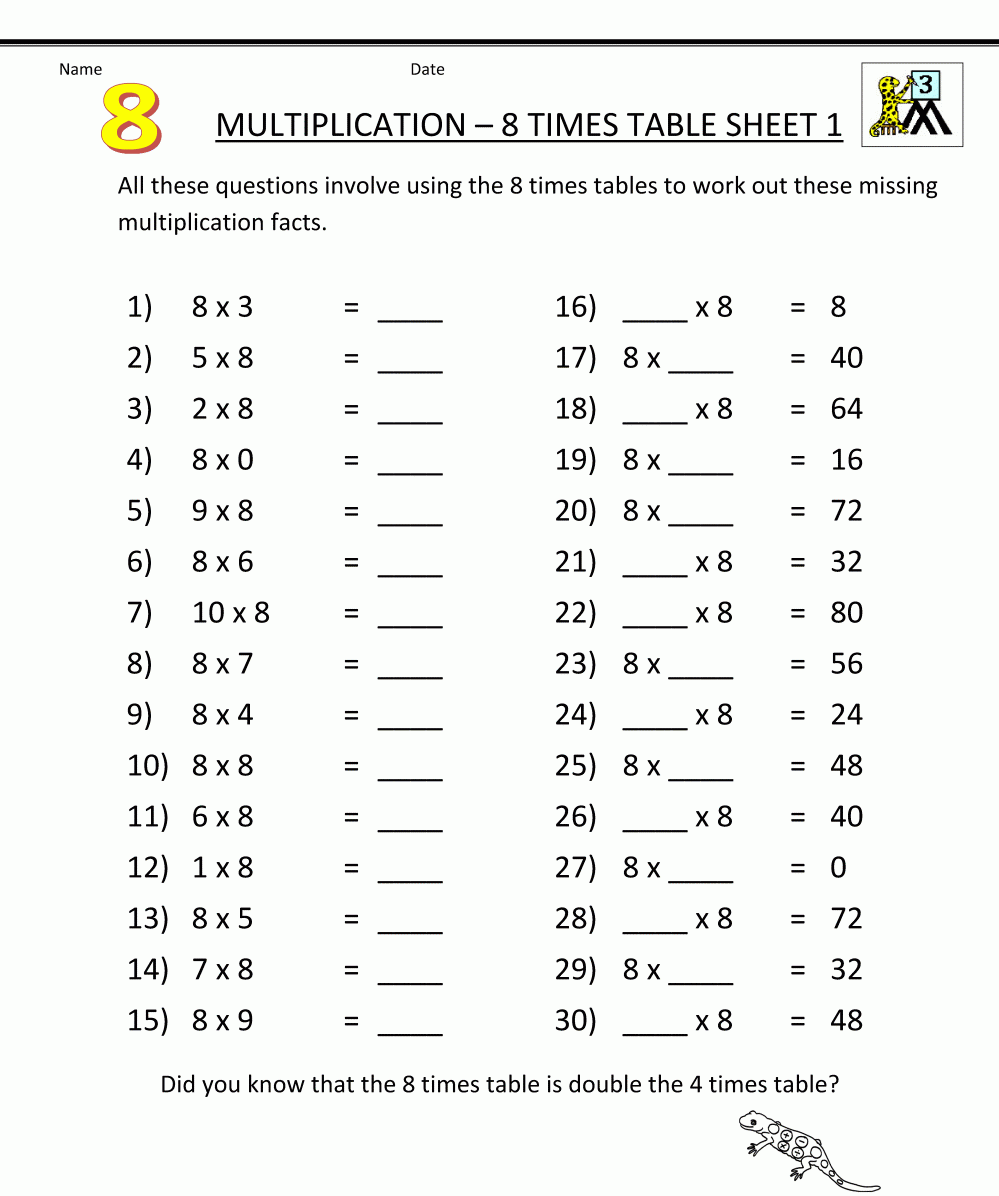 times table 8 worksheet