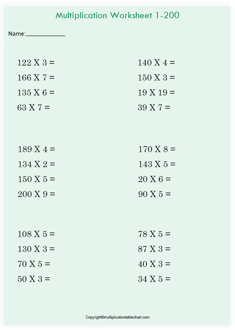 Multiplication Table Worksheet For Kids Multiplication Table