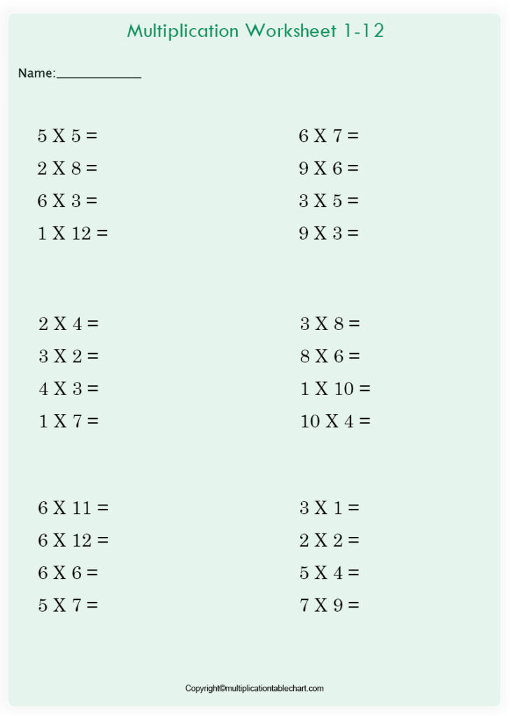 Free Printable Multiplication Chart Table Worksheet For Kids