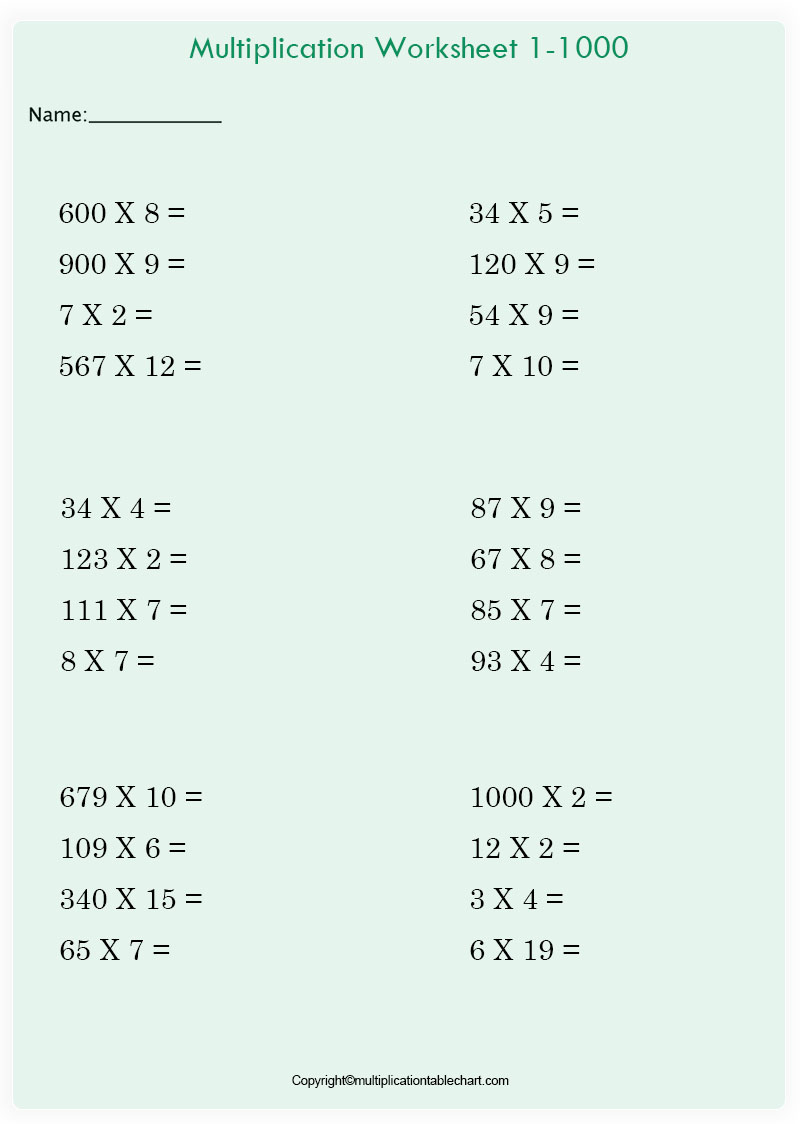 kalkylblad för multiplikationstabell 1-1000