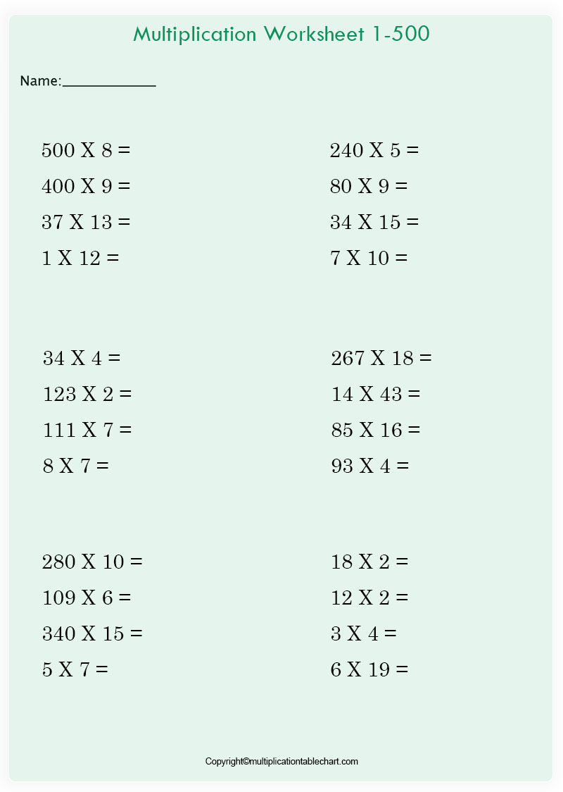 Blank Multiplication Chart Worksheet 1-500