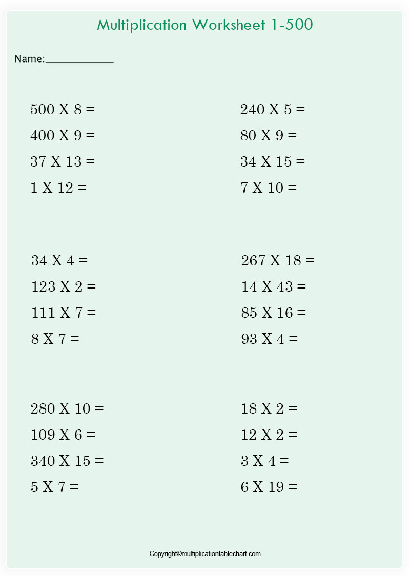 500 X 500 Multiplication Chart