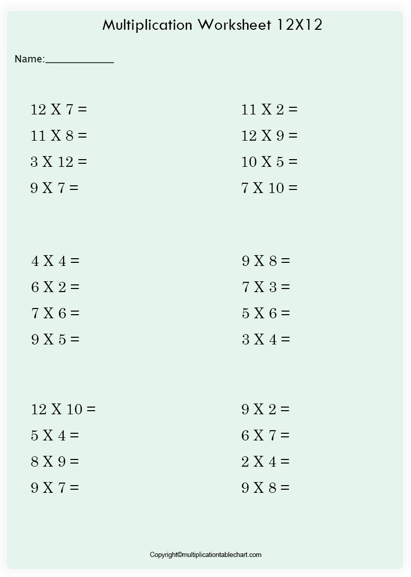 Multiplication Chart 12x12 Worksheet
