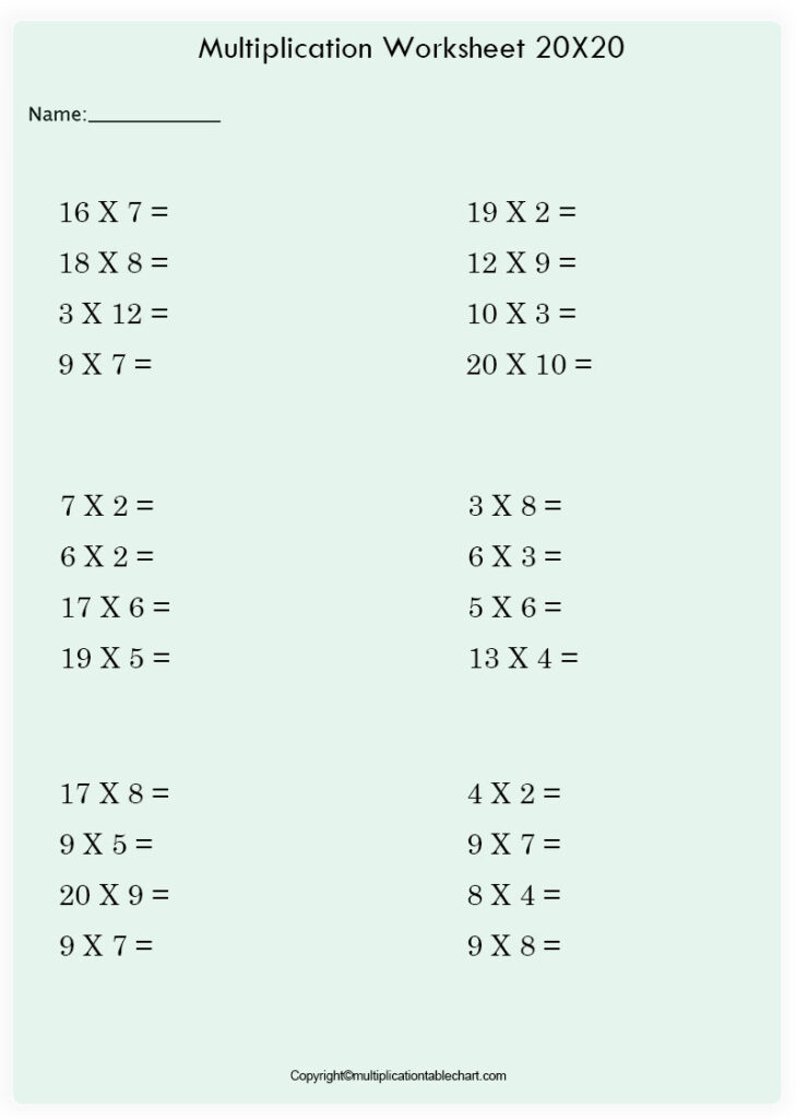 Multiplication Chart 20x20 Worksheet