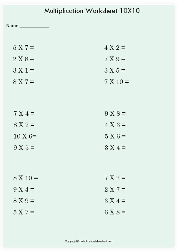 Free Printable Multiplication Chart 10x10 Grid Table PDF