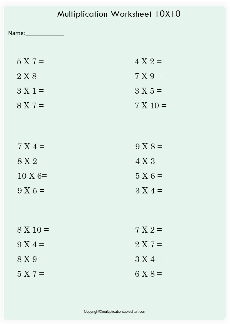 10X10 Multiplication Chart Worksheet