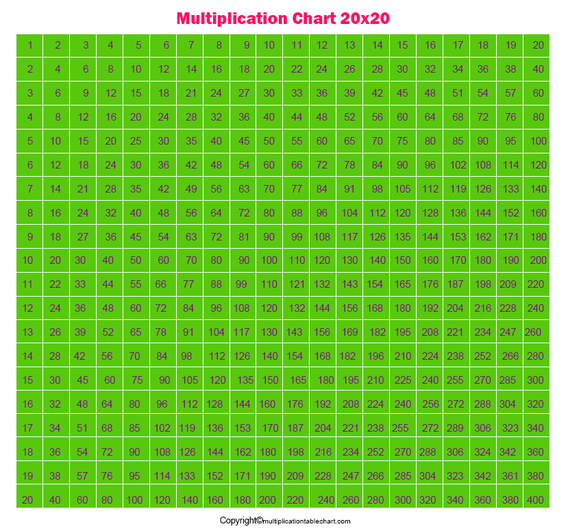 Multiplication Table Grid 20x20