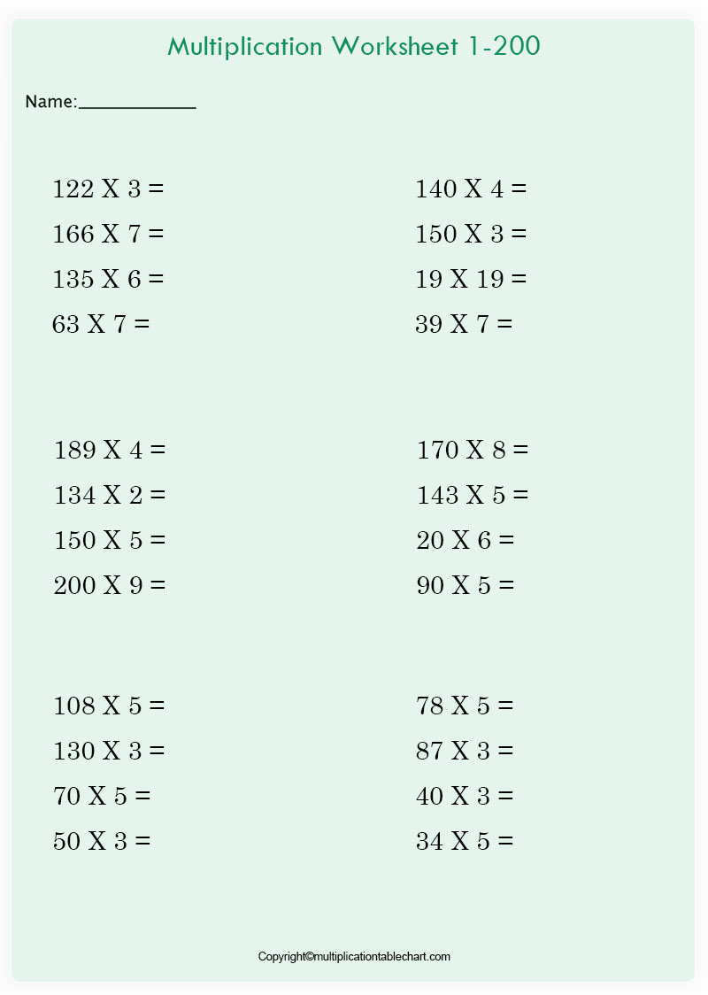 Blank Multiplication Chart Worksheet 1-200