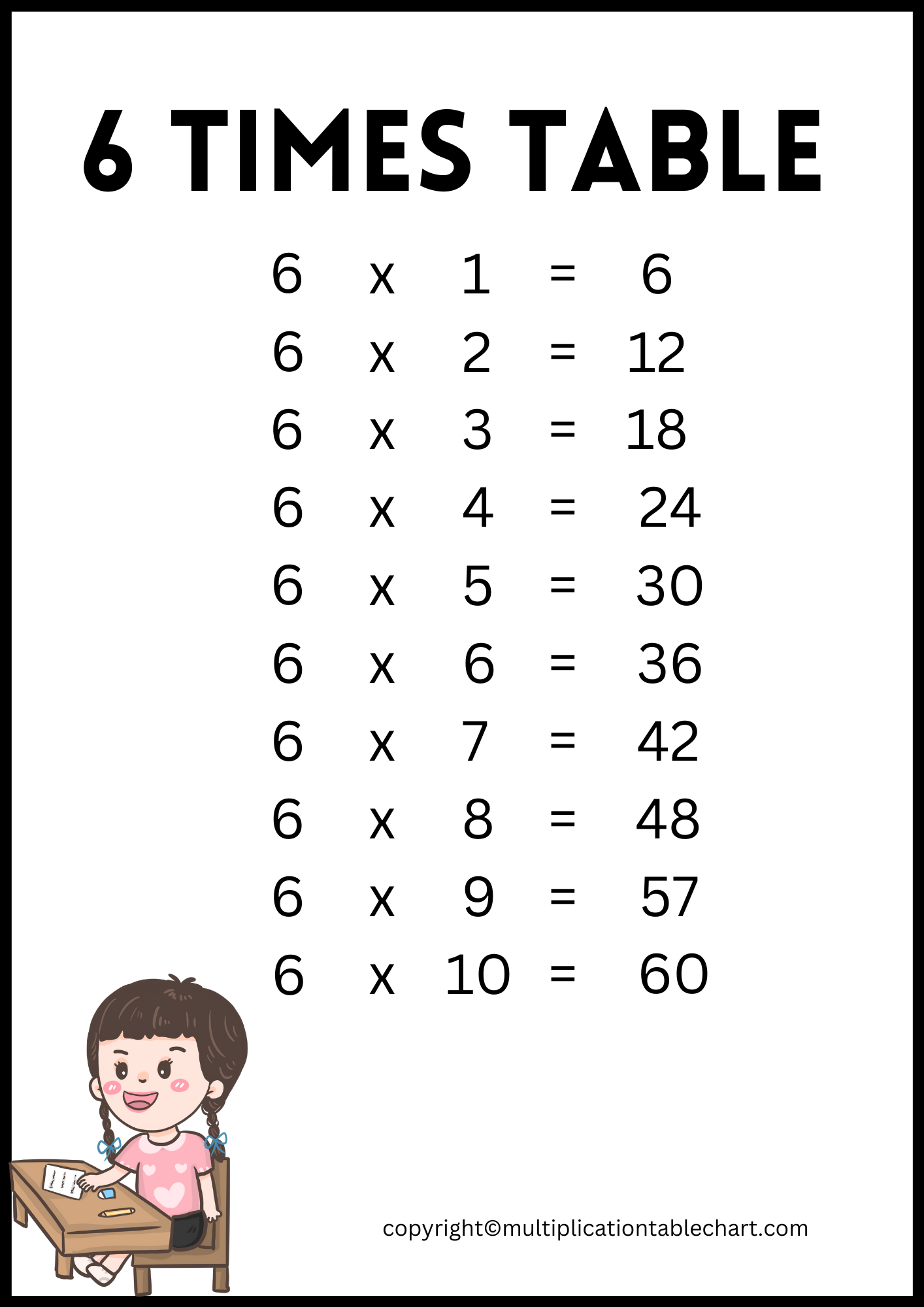 6 Times Table [6 Multiplication Table] Printable Chart