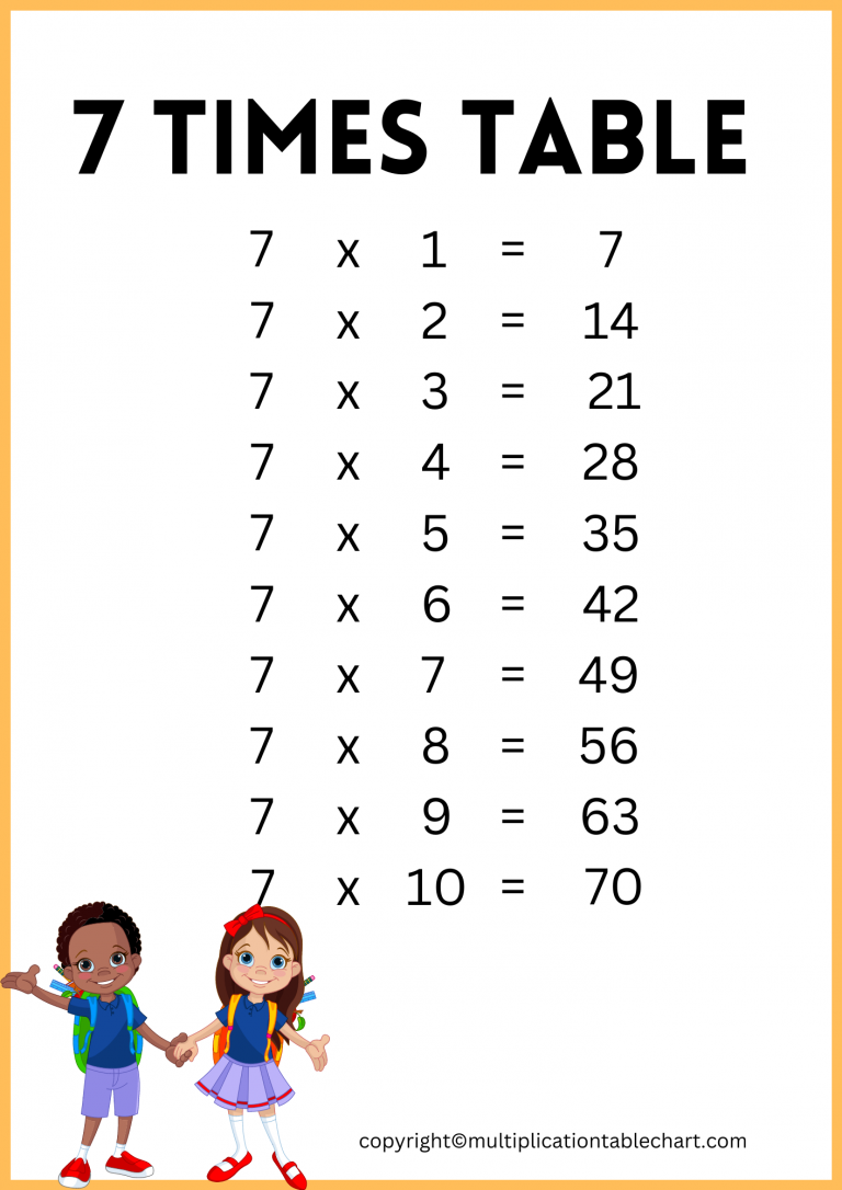 7 Times Table [7 Multiplication Table] Printable Chart