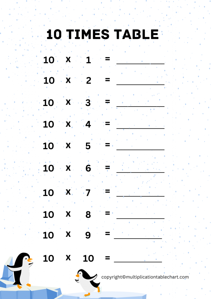 10 Times Table Worksheet PDF