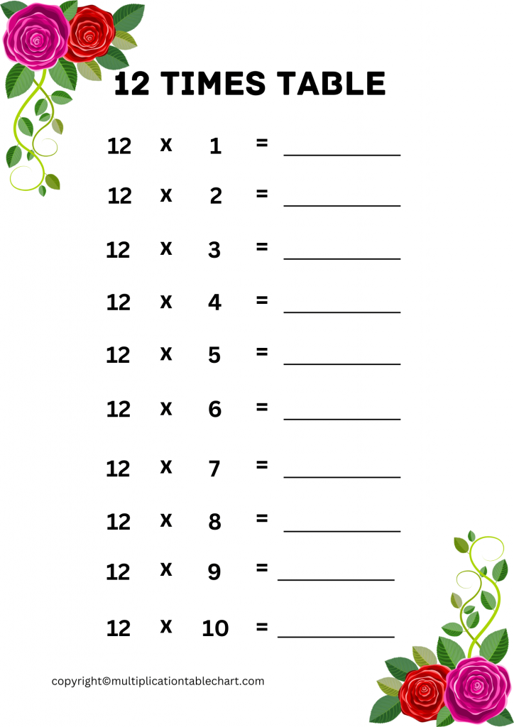 12 Times Table Worksheet PDF