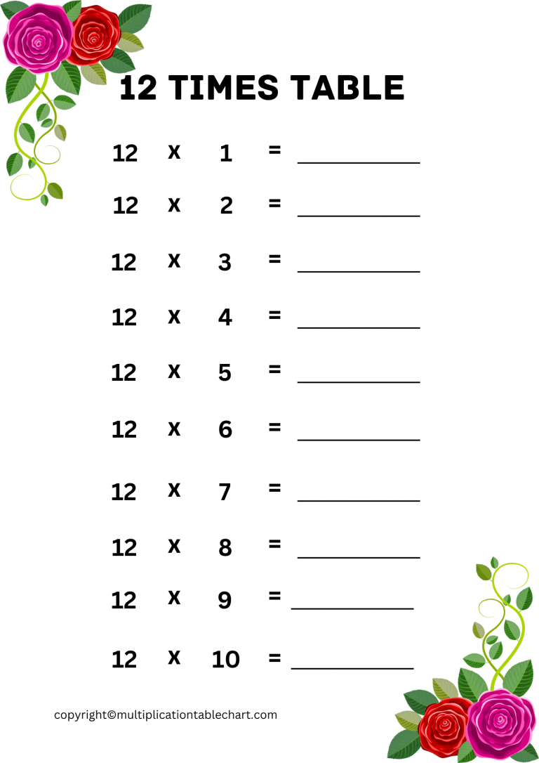 12 Times Table Worksheet [12 Multiplication Table] Free PDF