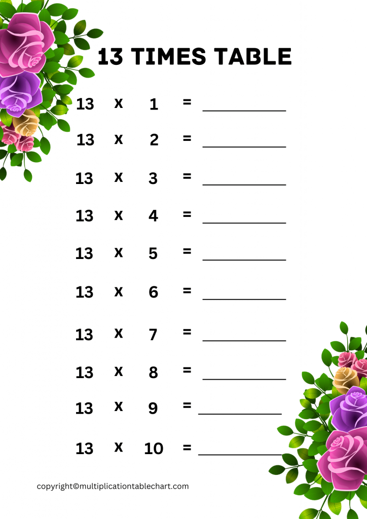 13 Times Table Worksheet PDF