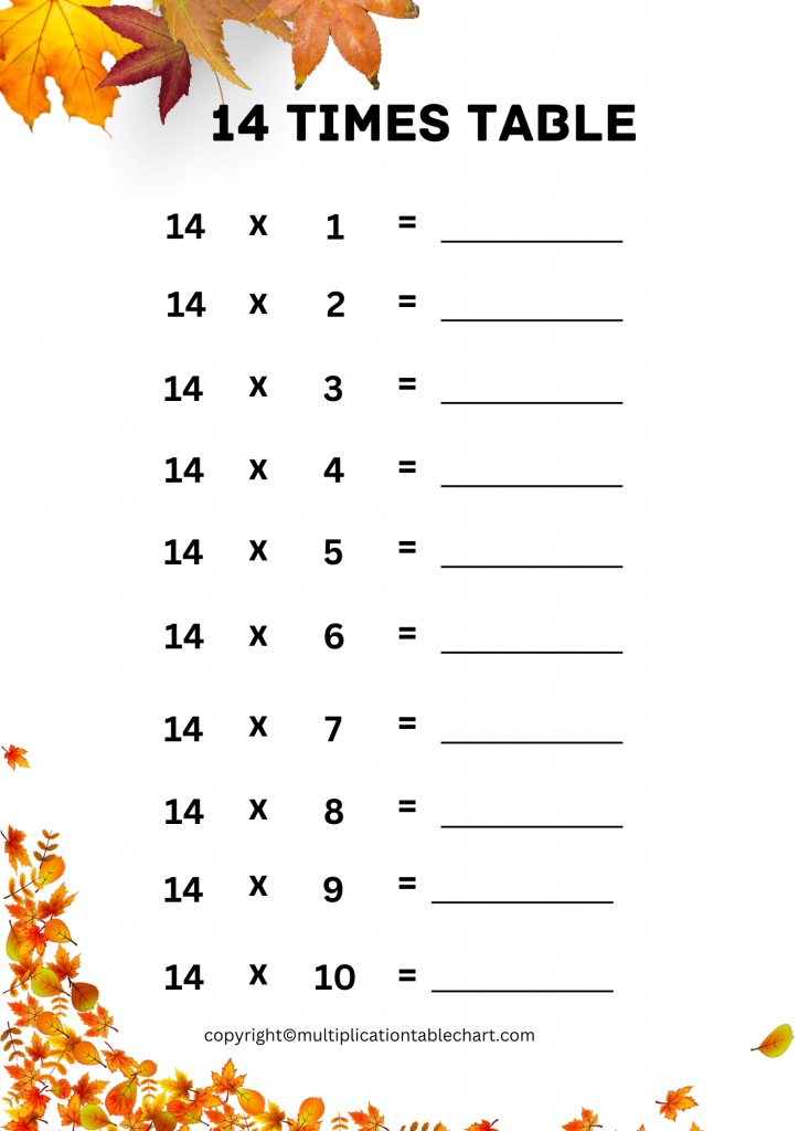 14 Times Table Worksheet 14 Multiplication Table Free PDF