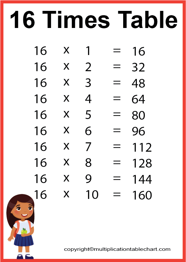 16 Multiplication Chart Printable