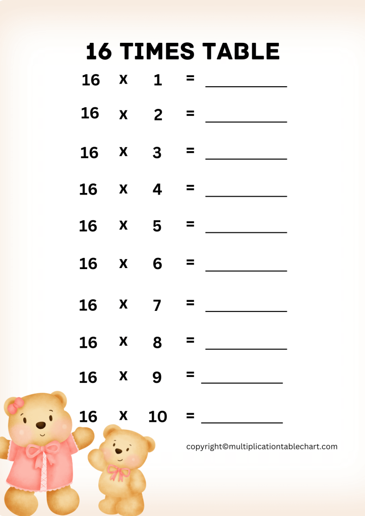 16 Times Table Worksheet PDF