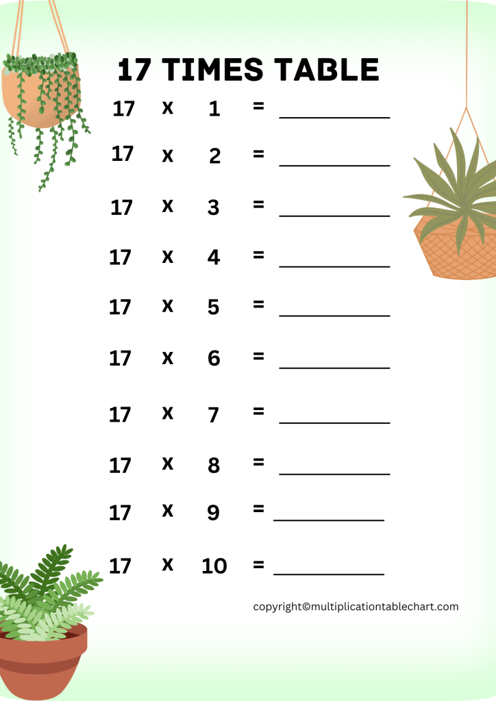 17 Times Table Worksheet PDF