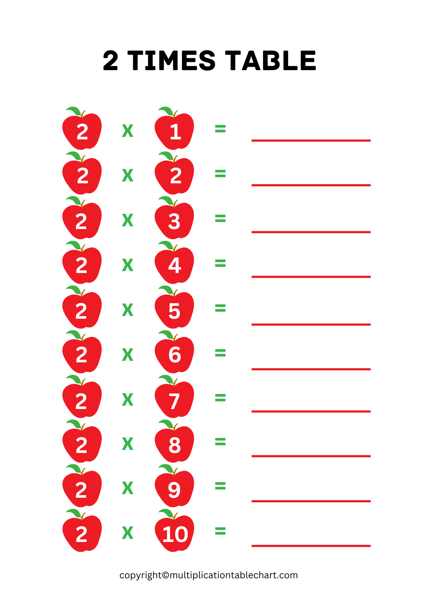 2 Times Table Worksheet [2 Multiplication Table] Free PDF