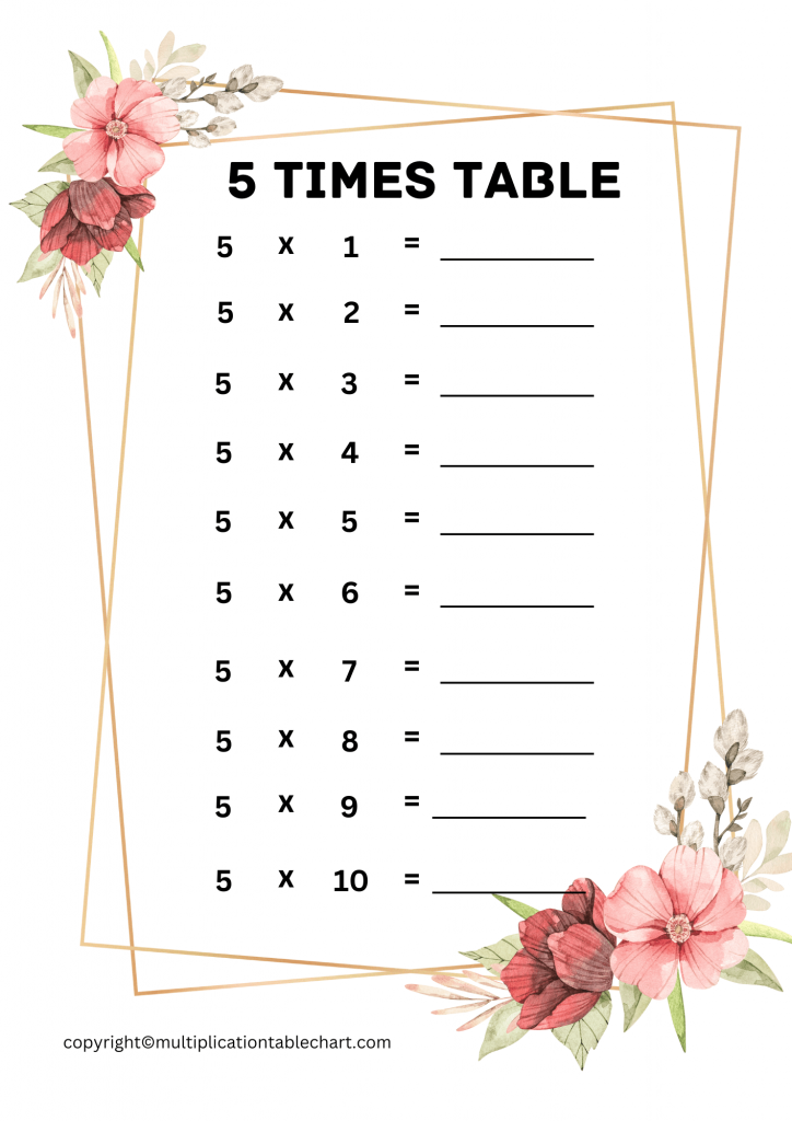 5 Times Table Worksheet PDF