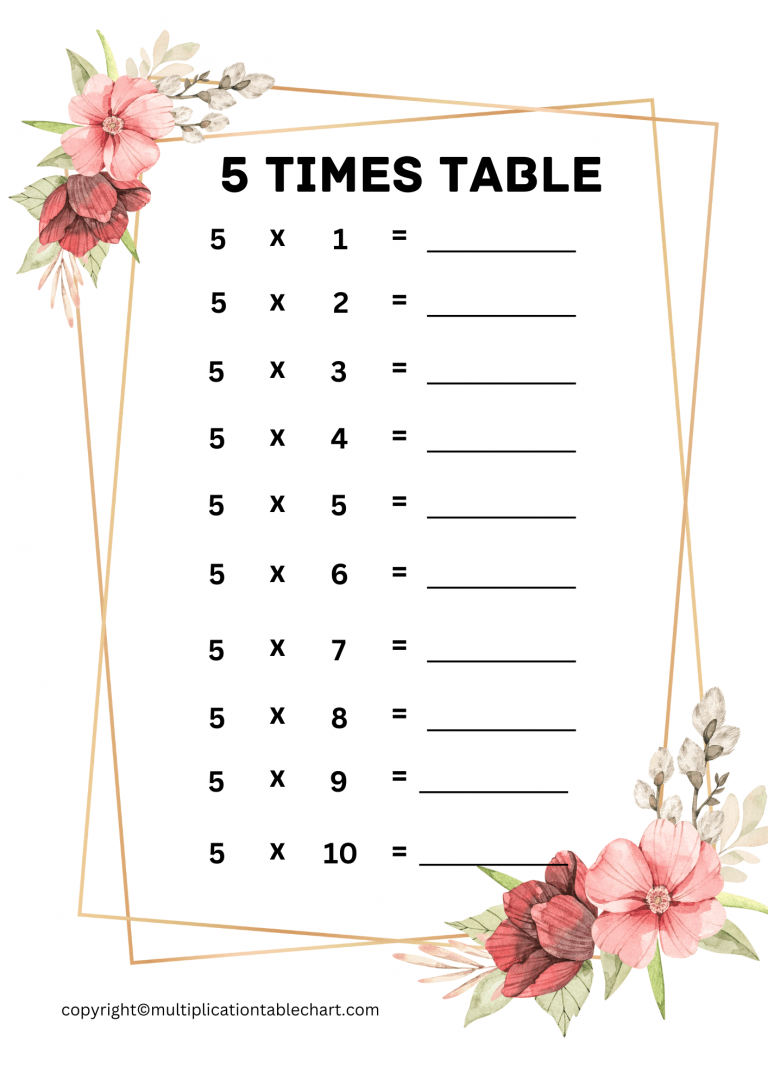 5 Times Table Worksheet 5 Multiplication Table Free PDF