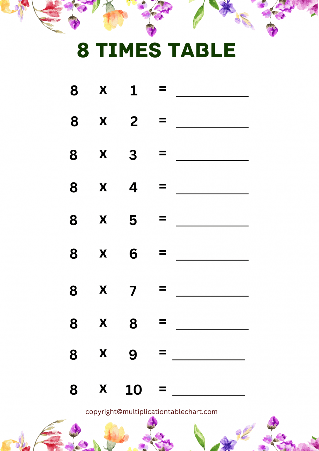 8 Times Table Worksheet [8 Multiplication Table] Free PDF