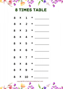 8 Times Table Worksheet [8 Multiplication Table] Free PDF