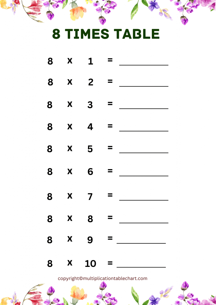 8 Times Table Worksheet PDF