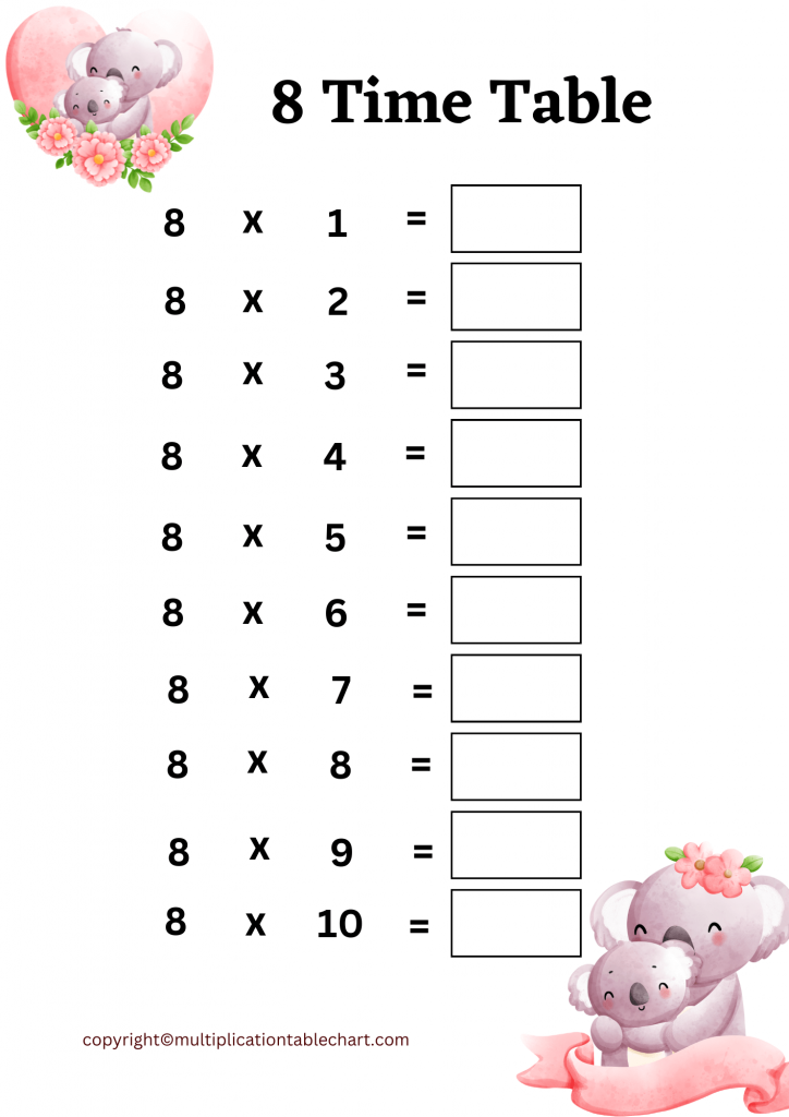 8 times multiplication tables worksheet