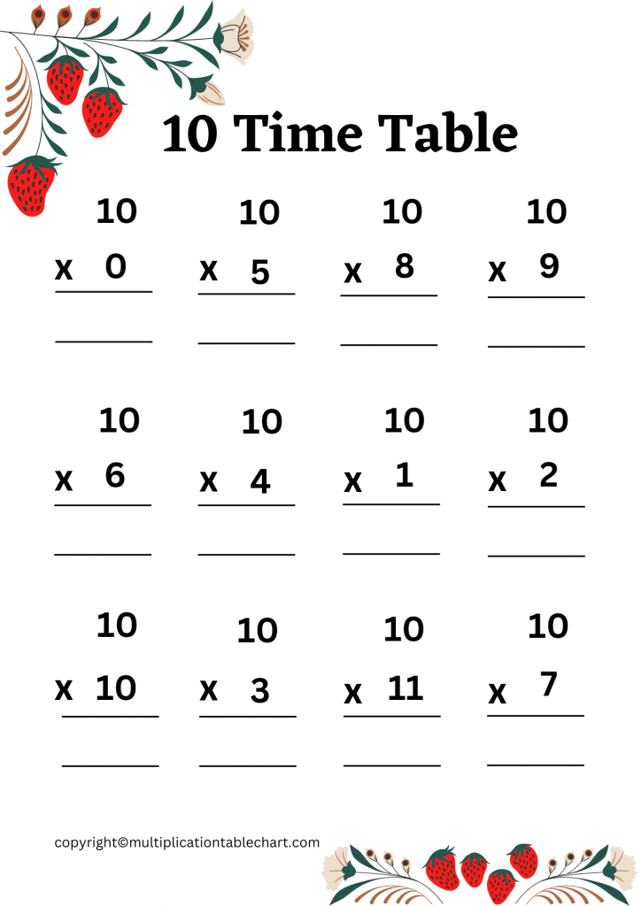 Free 10 Multiplication Chart Worksheets