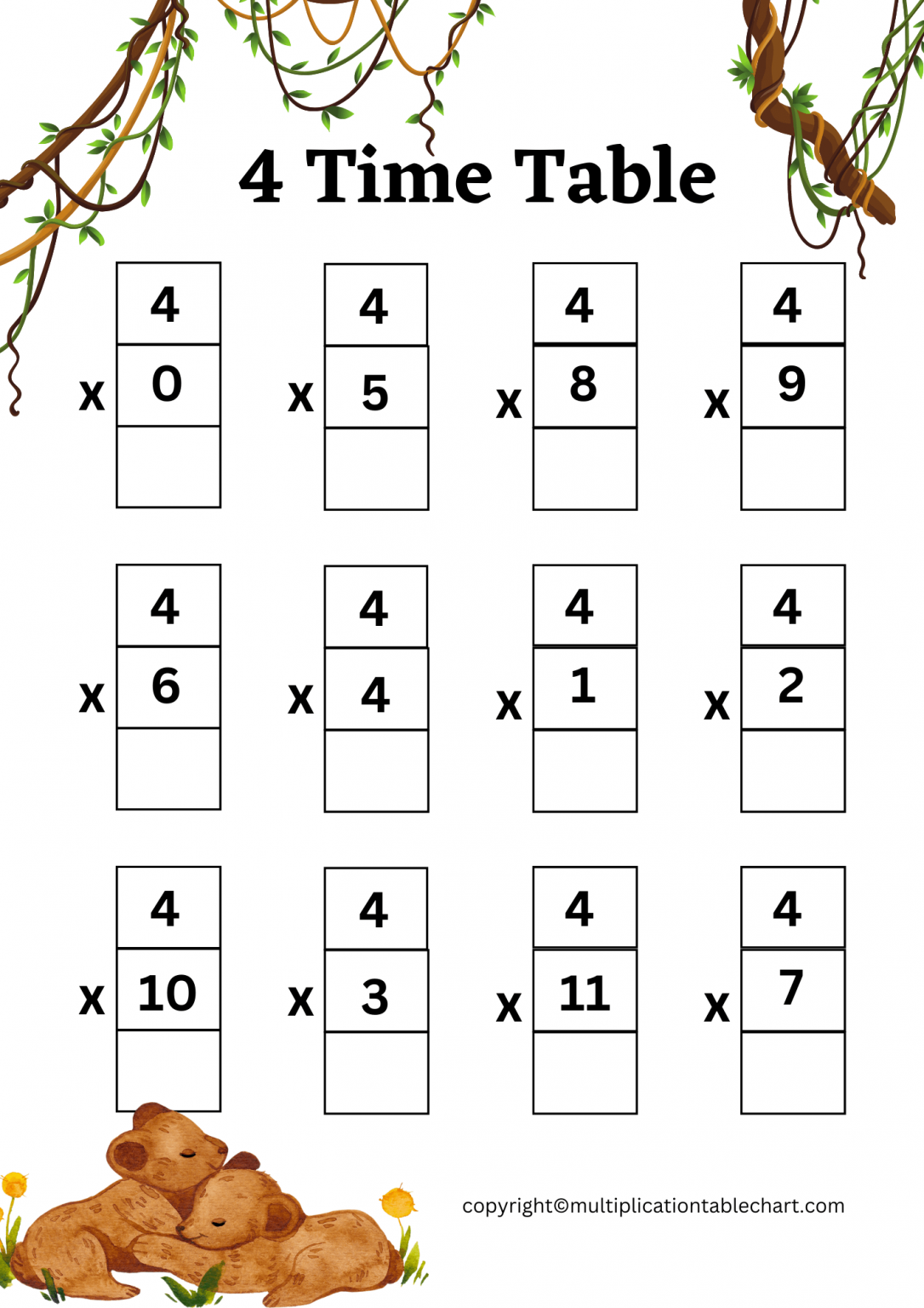 4 Times Table Worksheet [4 Multiplication Table] Free PDF