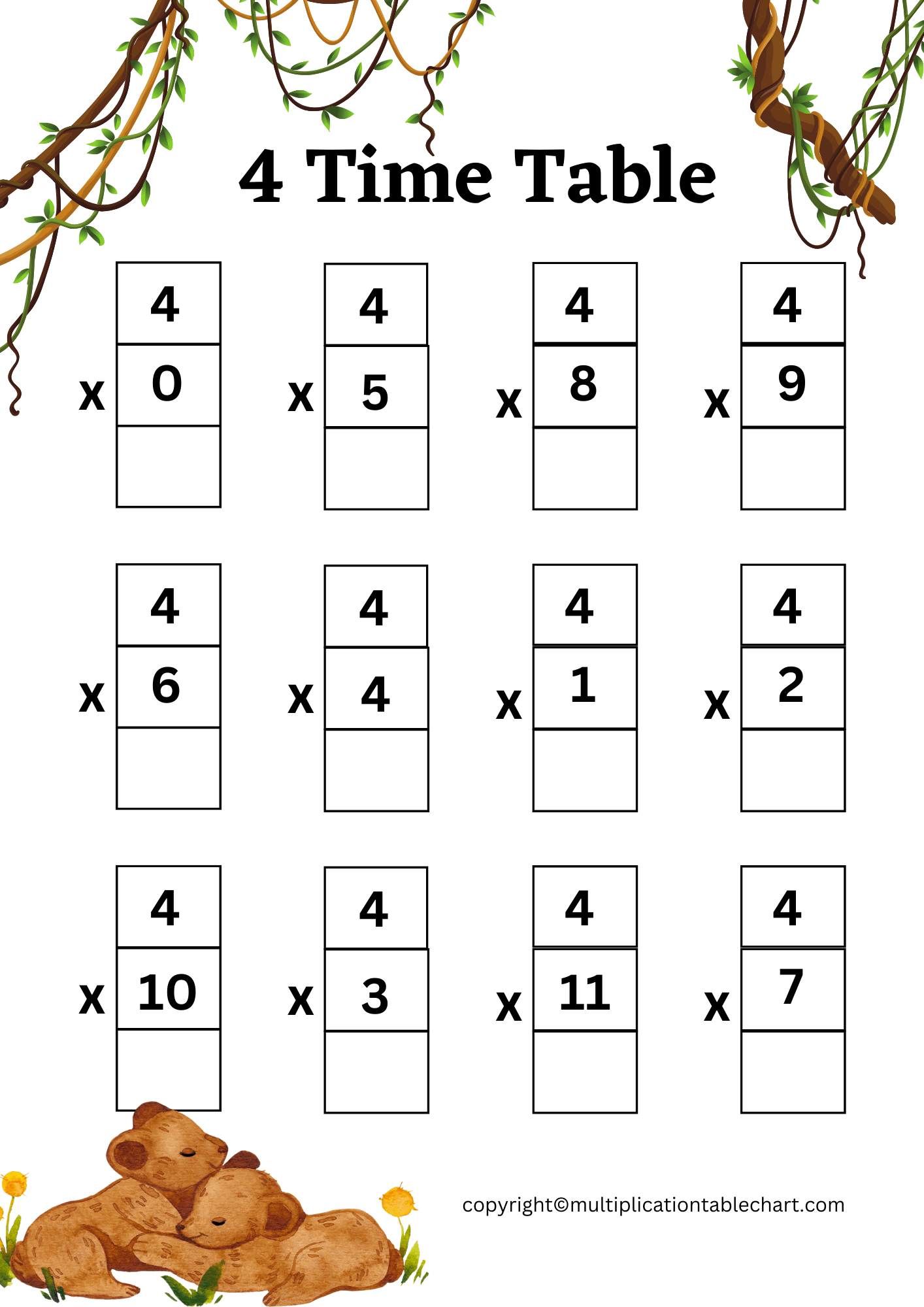 Free 4 Multiplication Chart Worksheets | Multiplication Table