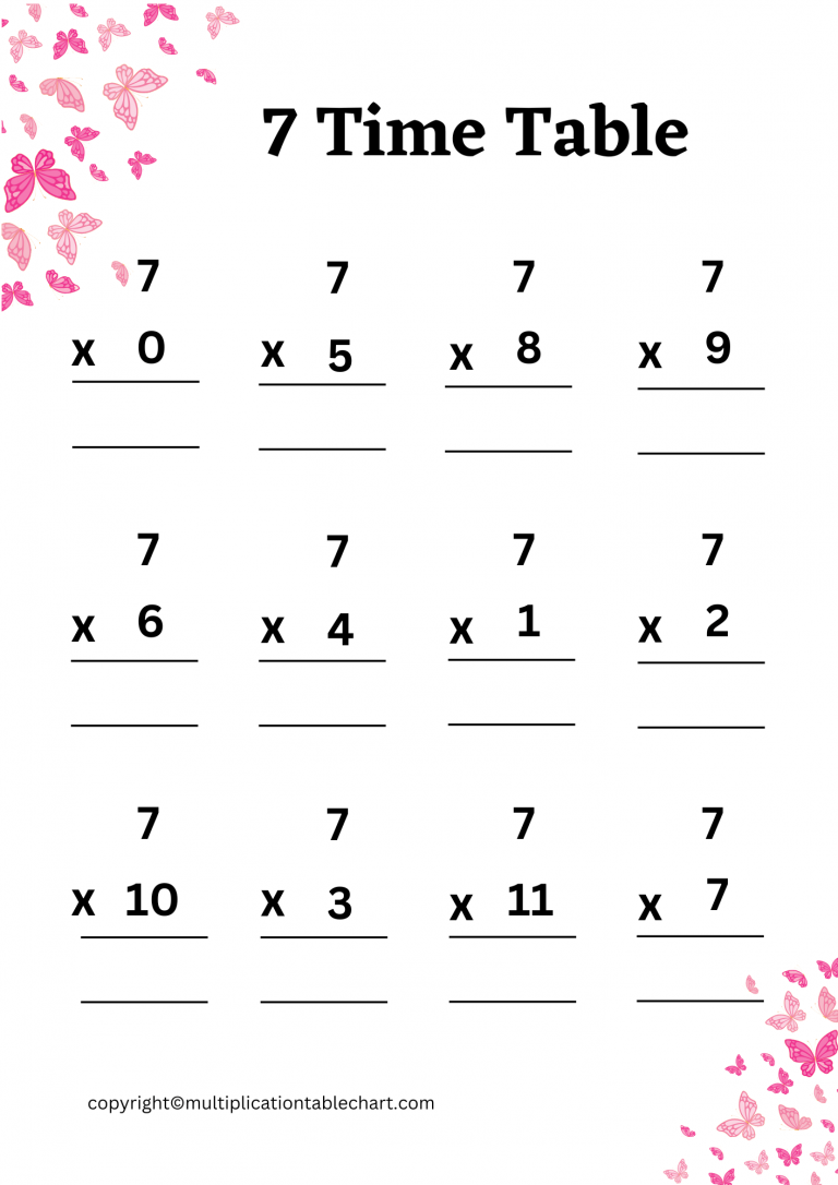 7 Times Table Worksheet [7 Multiplication Table] Free PDF