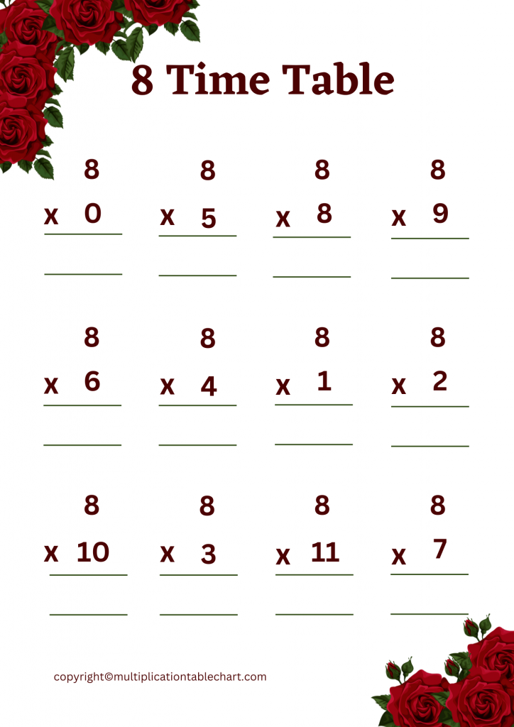 Free 8 Multiplication Chart Worksheets