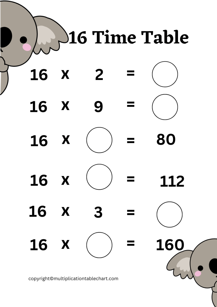 Printable 16 Multiplication Table Worksheet