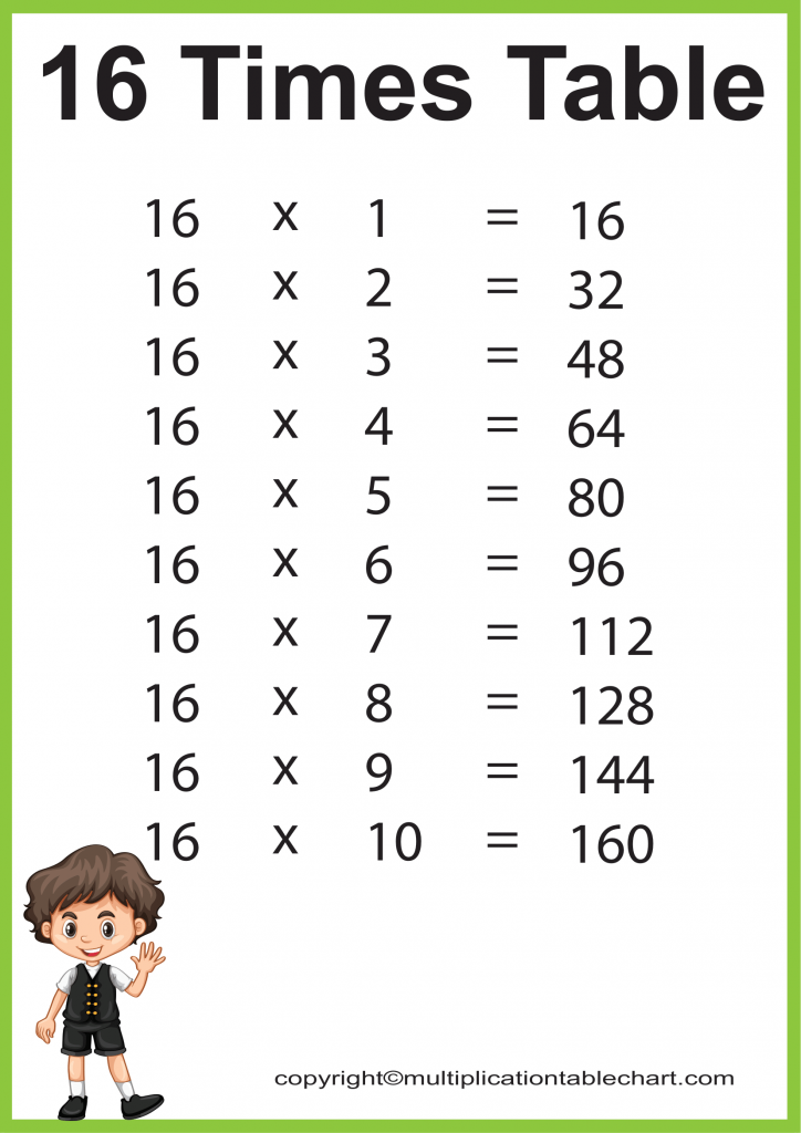 Printable 16 Times Table