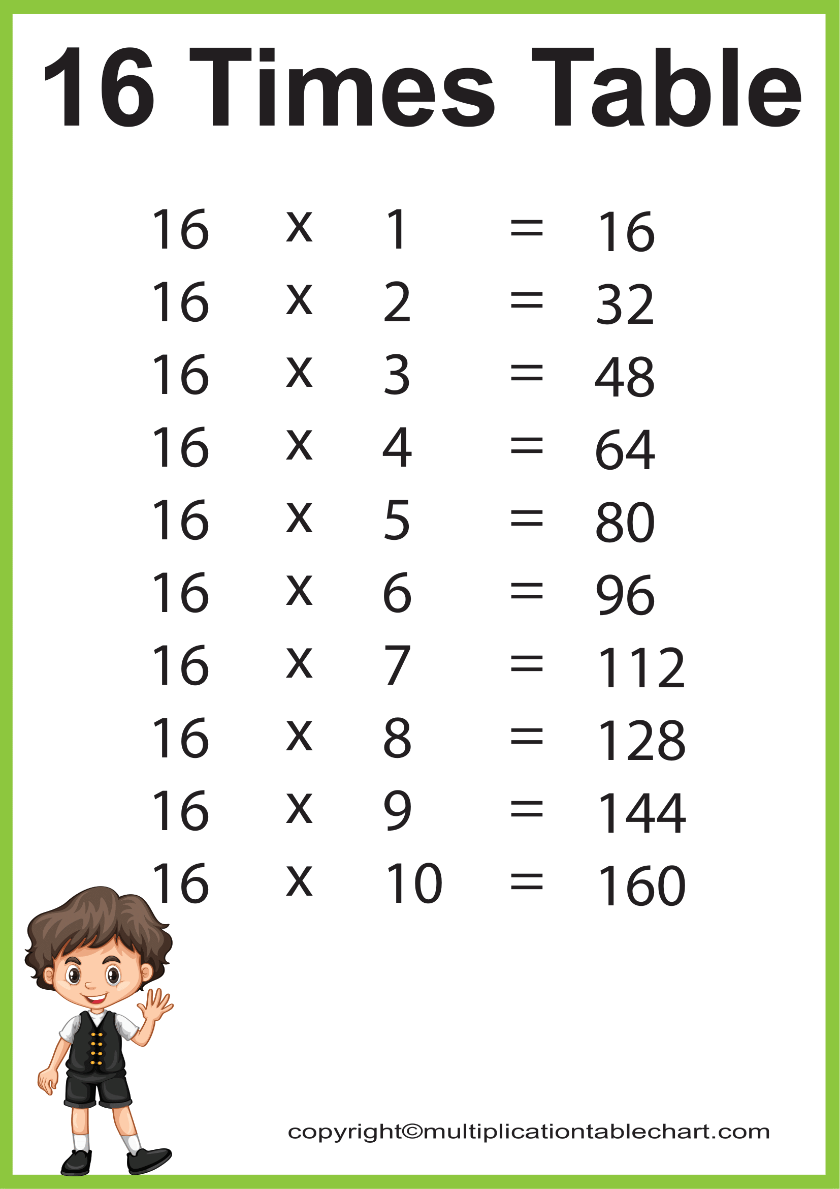 16 Times Table [16 Multiplication Table] Printable Chart