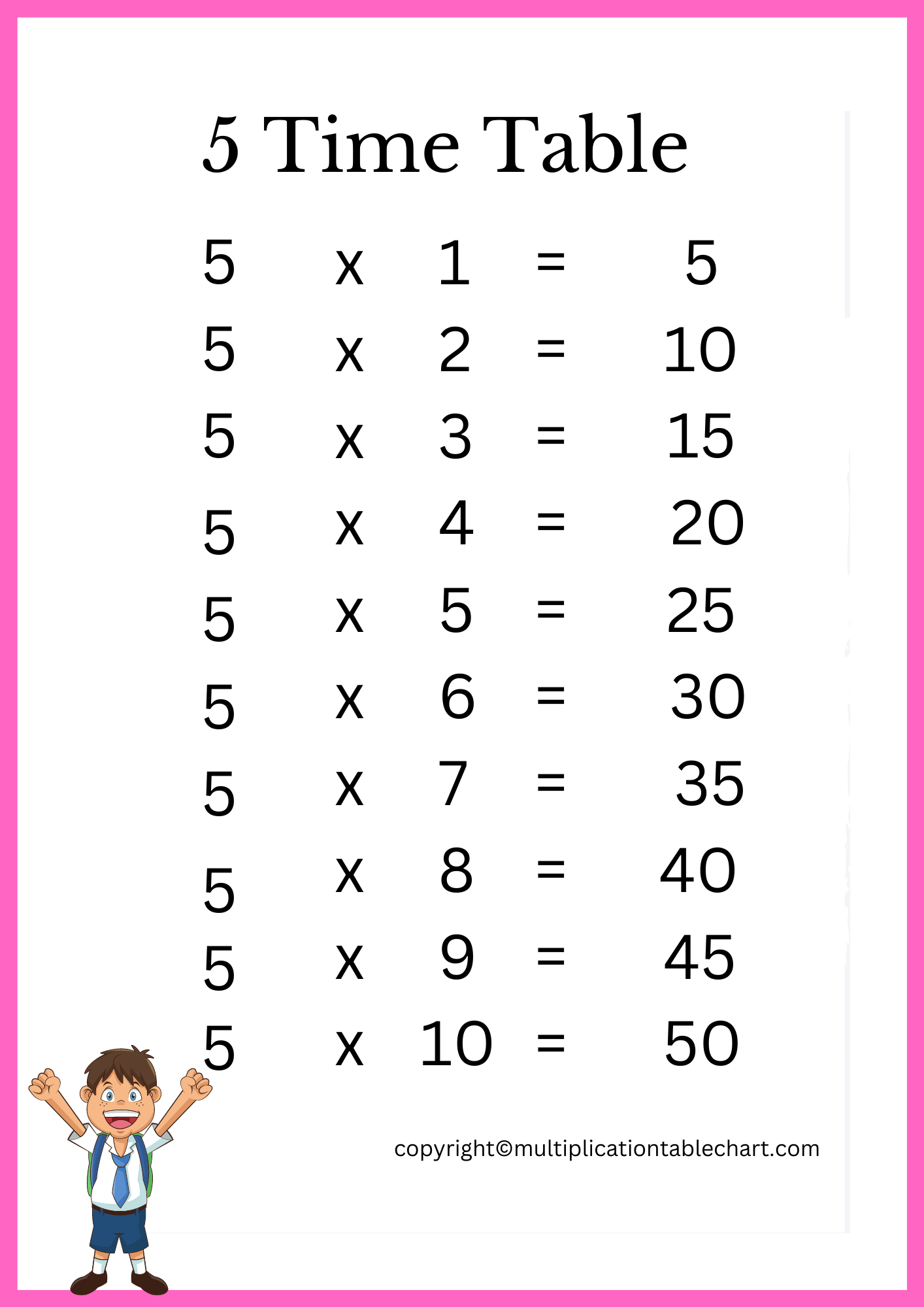 5 Times Table [5 Multiplication Table] Printable Chart