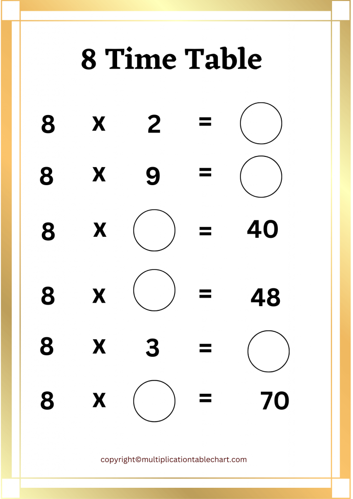 Printable 8 Multiplication Table Worksheet