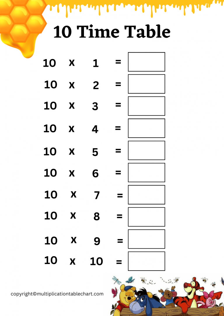 10 Times Table Worksheet [10 Multiplication Table] Free PDF