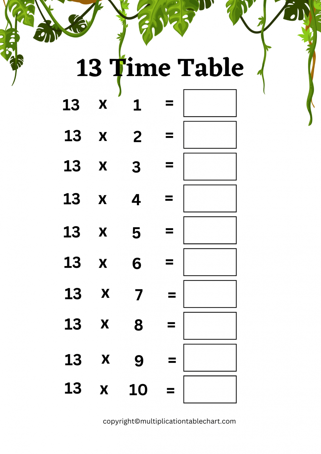 Thirteen Times Table Worksheet Multiplication Table