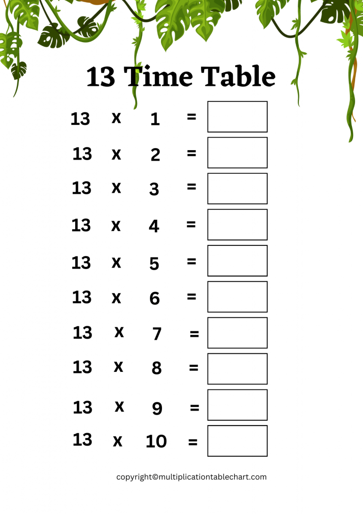 Thirteen Times Table Worksheet