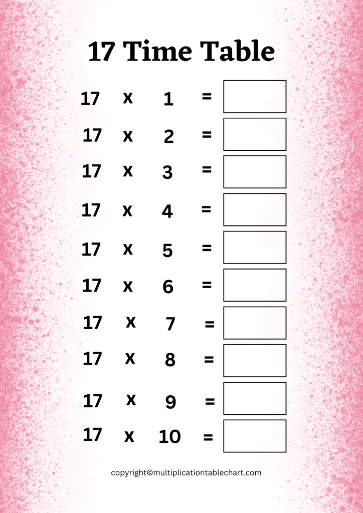 seventeen Times Table Worksheet