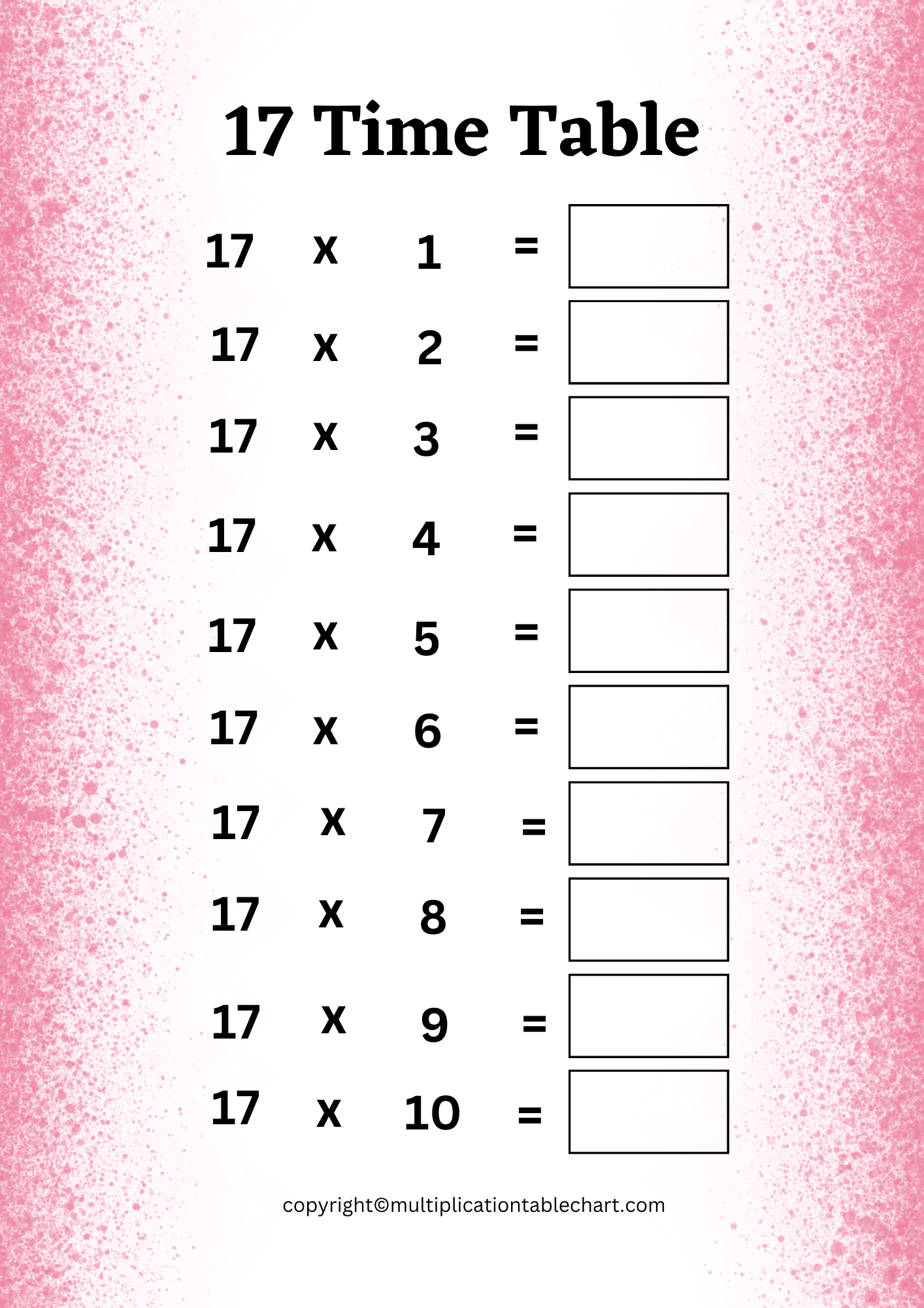 17 Times Table Worksheet | Multiplication Table