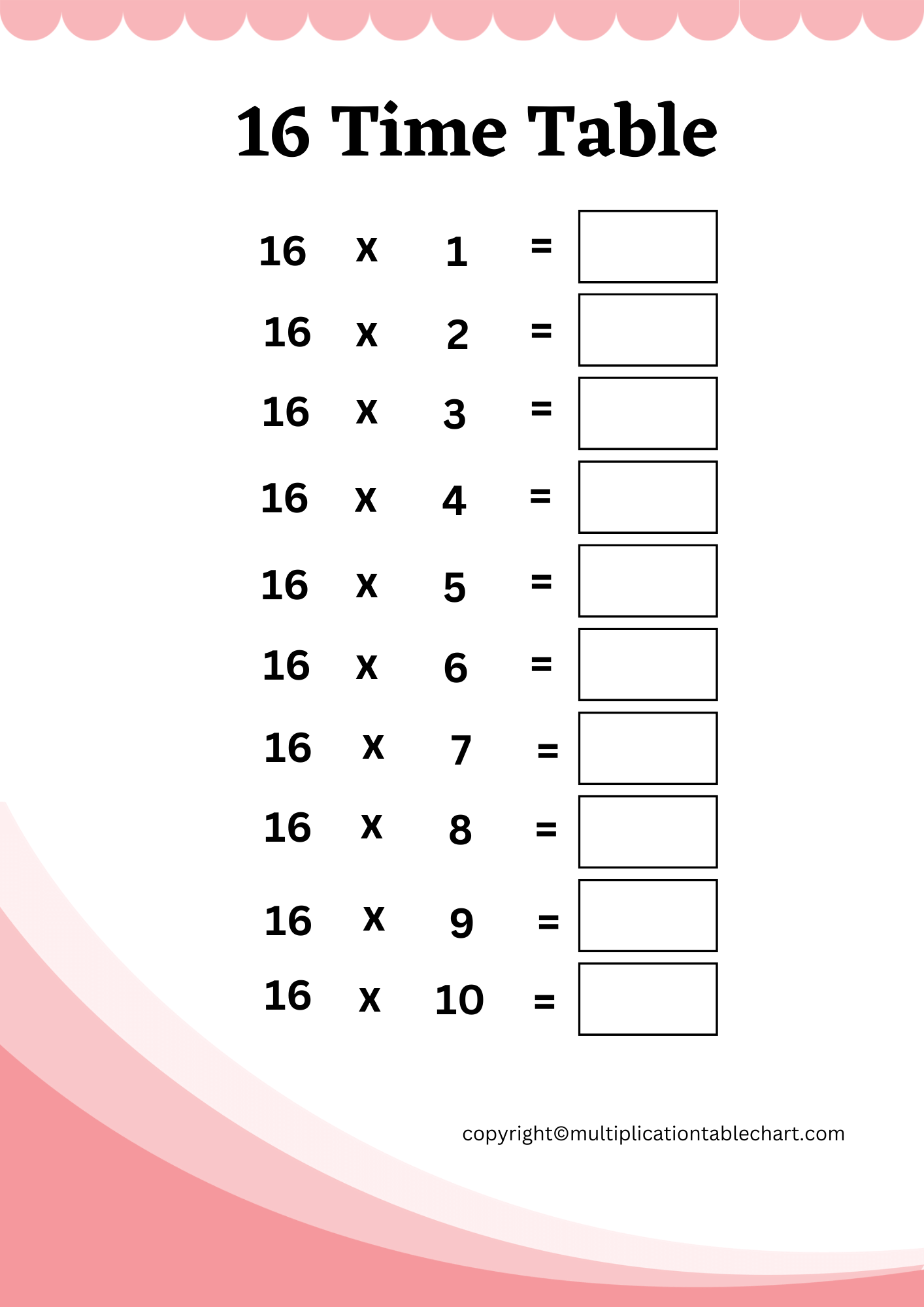 16 Times Table Worksheet [16 Multiplication Table] Free PDF